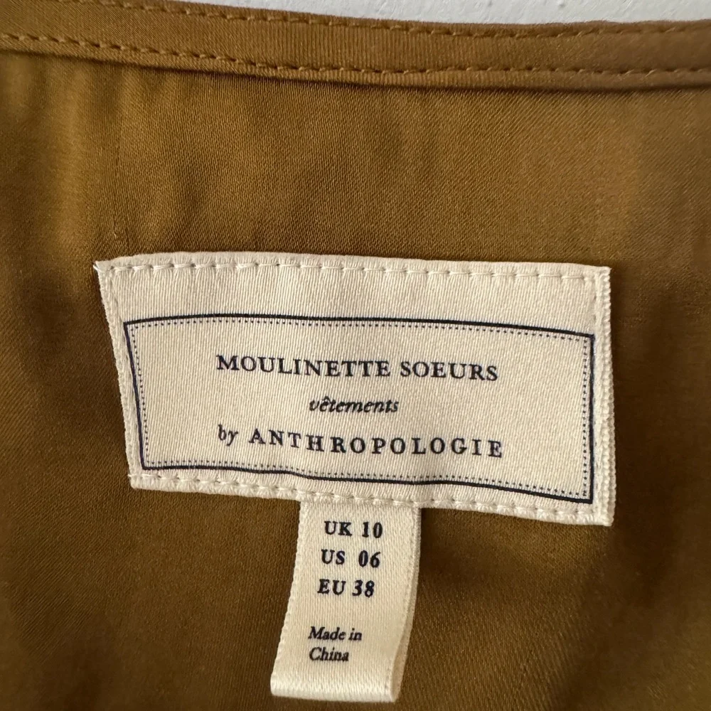 Anthropologie x Moulinette Soeurs Brynn Drapey Satin Faux Wrap Tie Brown Blouse - Picture 6 of 9